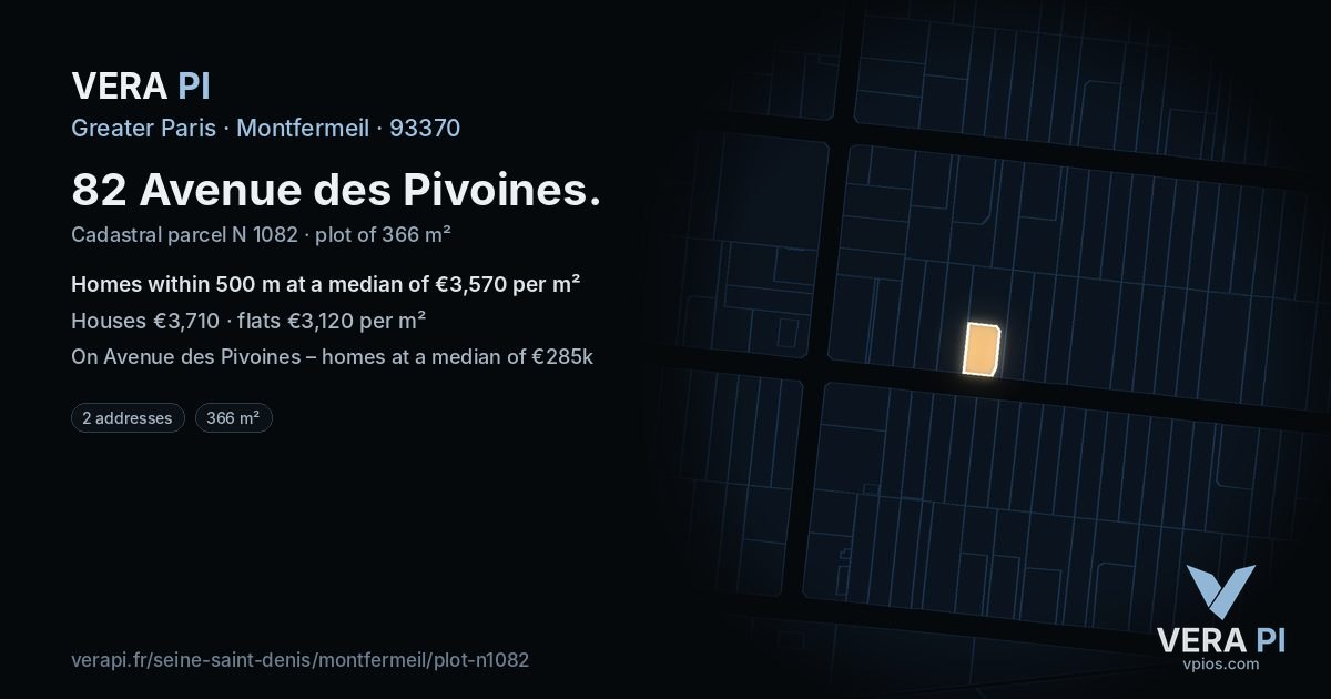 82 Avenue des Pivoines, Montfermeil at night – the plot lit, the parcels around coloured by the prices near them