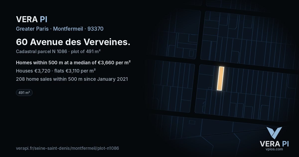 60 Avenue des Verveines, Montfermeil at night – the plot lit, the parcels around coloured by the prices near them