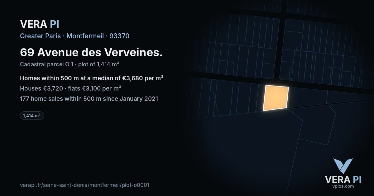 69 Avenue des Verveines, Montfermeil at night – the plot lit, the parcels around coloured by the prices near them