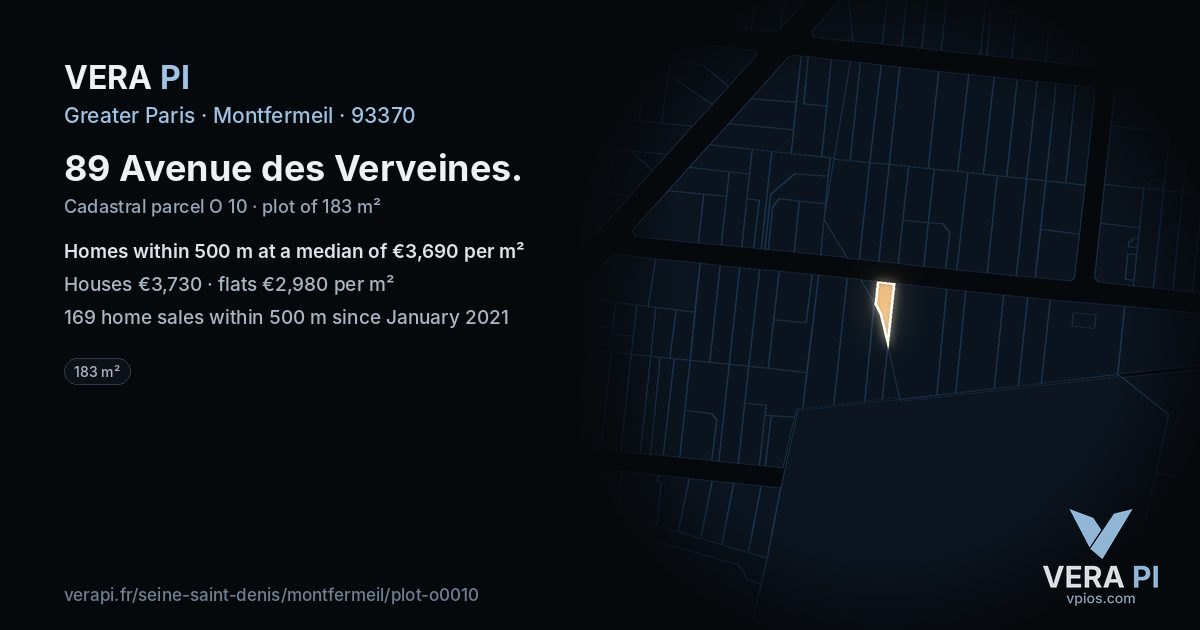 89 Avenue des Verveines, Montfermeil at night – the plot lit, the parcels around coloured by the prices near them