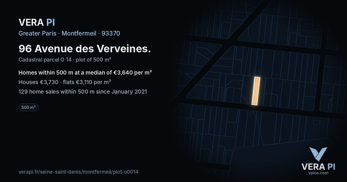 96 Avenue des Verveines, Montfermeil at night – the plot lit, the parcels around coloured by the prices near them
