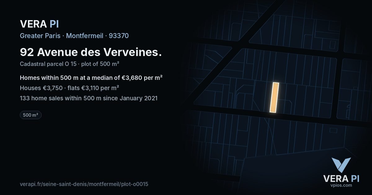 92 Avenue des Verveines, Montfermeil at night – the plot lit, the parcels around coloured by the prices near them