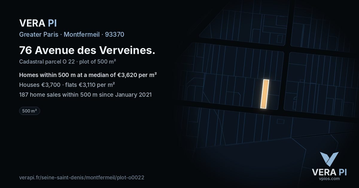 76 Avenue des Verveines, Montfermeil at night – the plot lit, the parcels around coloured by the prices near them