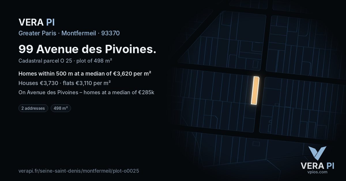 99 Avenue des Pivoines, Montfermeil at night – the plot lit, the parcels around coloured by the prices near them
