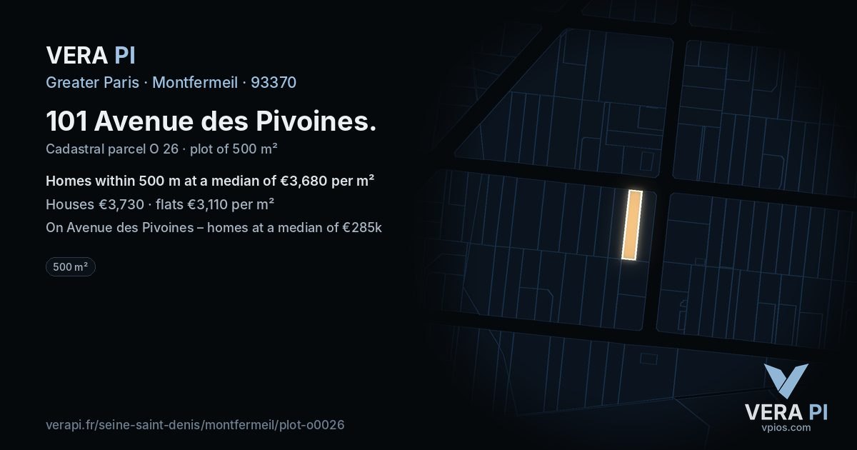 101 Avenue des Pivoines, Montfermeil at night – the plot lit, the parcels around coloured by the prices near them