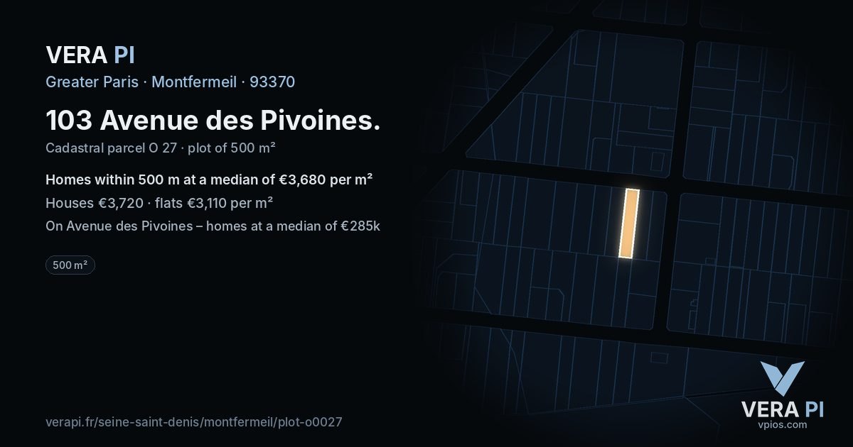 103 Avenue des Pivoines, Montfermeil at night – the plot lit, the parcels around coloured by the prices near them
