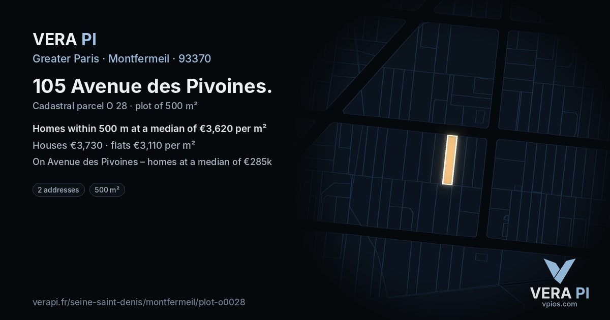 105 Avenue des Pivoines, Montfermeil at night – the plot lit, the parcels around coloured by the prices near them