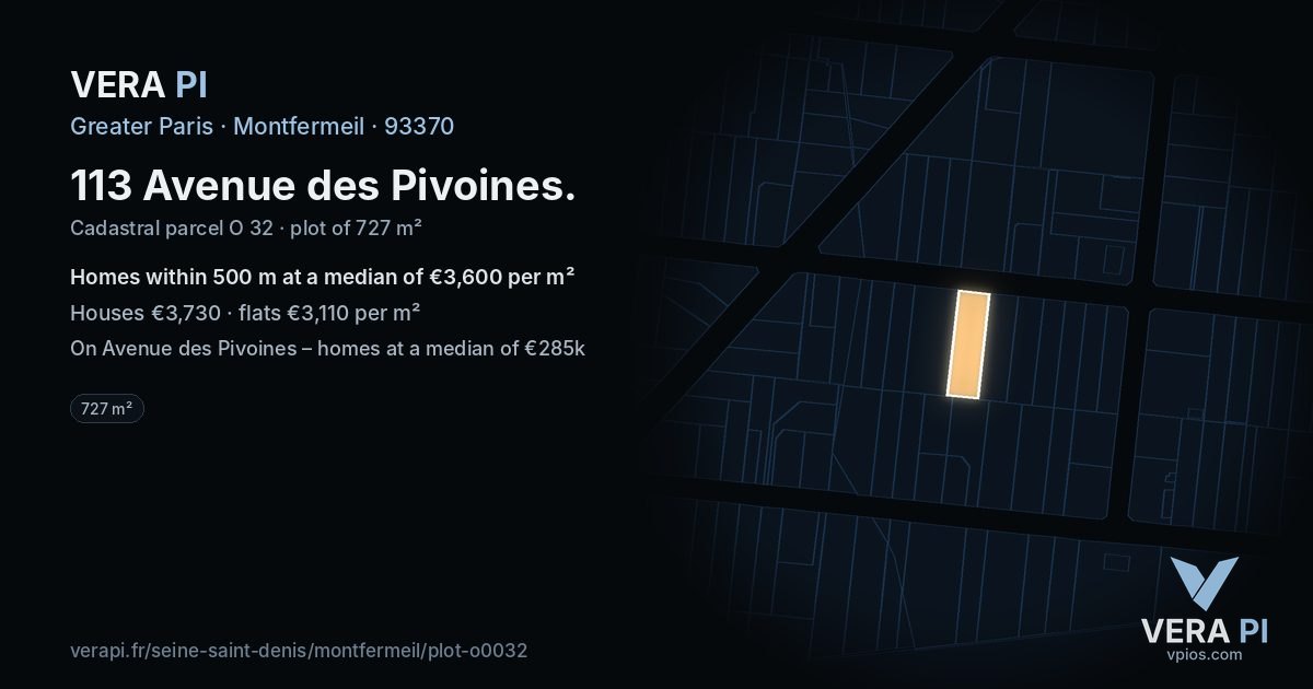 113 Avenue des Pivoines, Montfermeil at night – the plot lit, the parcels around coloured by the prices near them