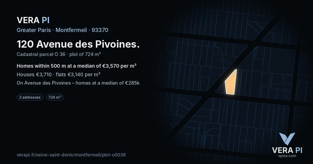 120 Avenue des Pivoines, Montfermeil at night – the plot lit, the parcels around coloured by the prices near them