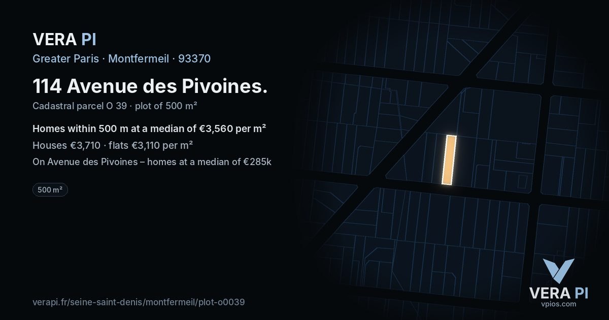 114 Avenue des Pivoines, Montfermeil at night – the plot lit, the parcels around coloured by the prices near them