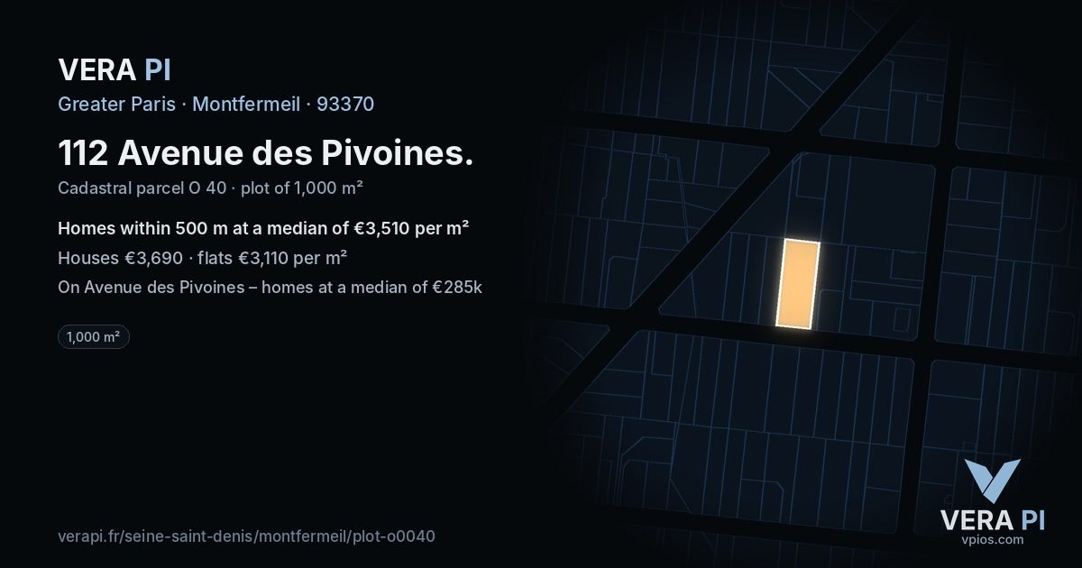 112 Avenue des Pivoines, Montfermeil at night – the plot lit, the parcels around coloured by the prices near them