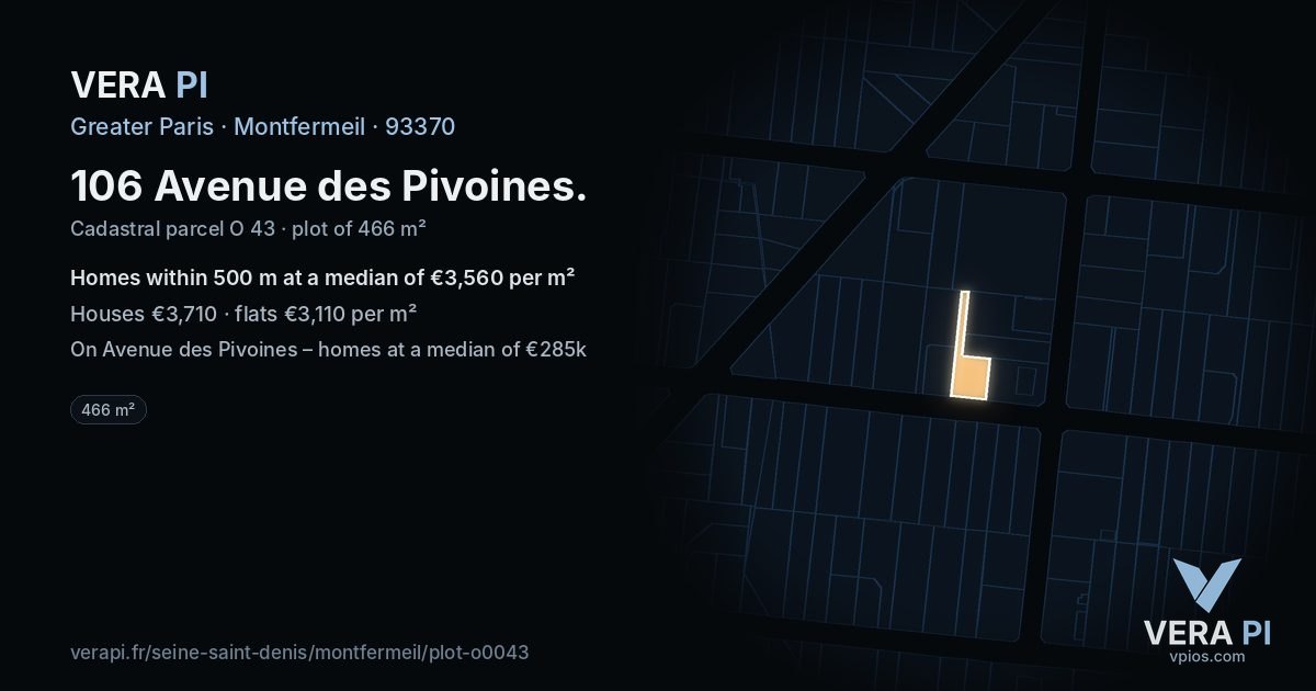 106 Avenue des Pivoines, Montfermeil at night – the plot lit, the parcels around coloured by the prices near them