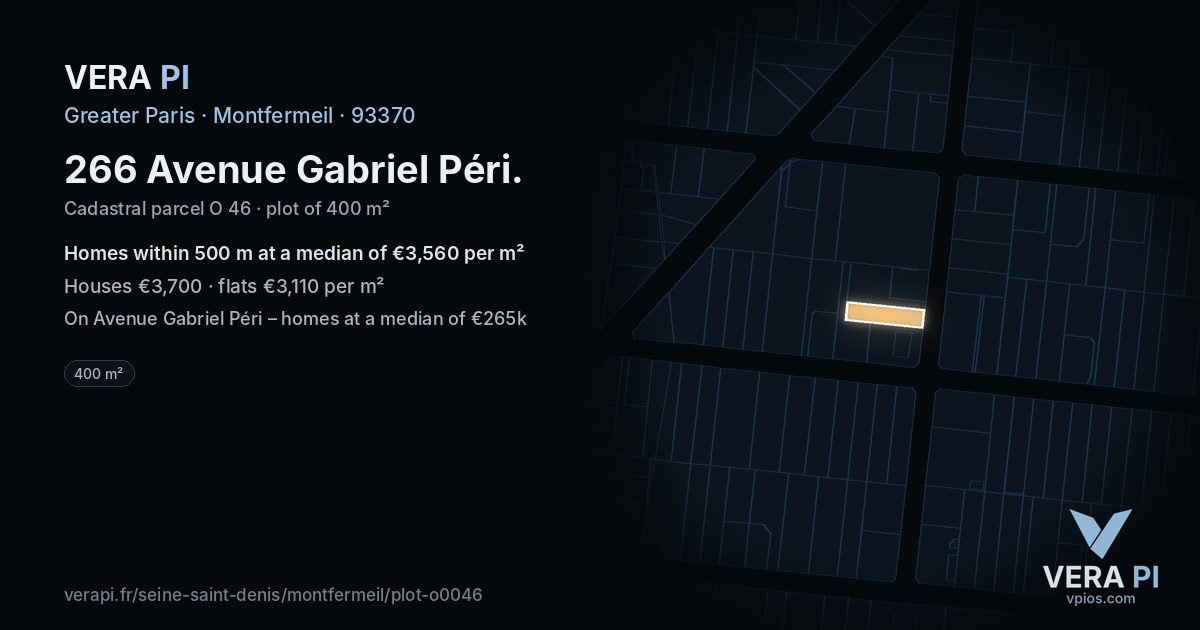 266 Avenue Gabriel Péri, Montfermeil at night – the plot lit, the parcels around coloured by the prices near them
