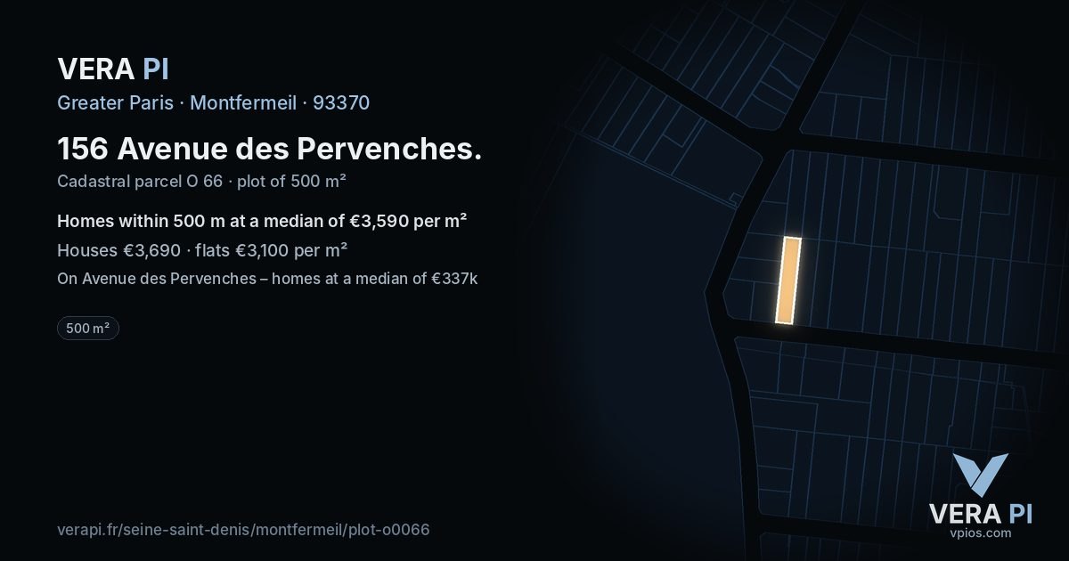 156 Avenue des Pervenches, Montfermeil at night – the plot lit, the parcels around coloured by the prices near them