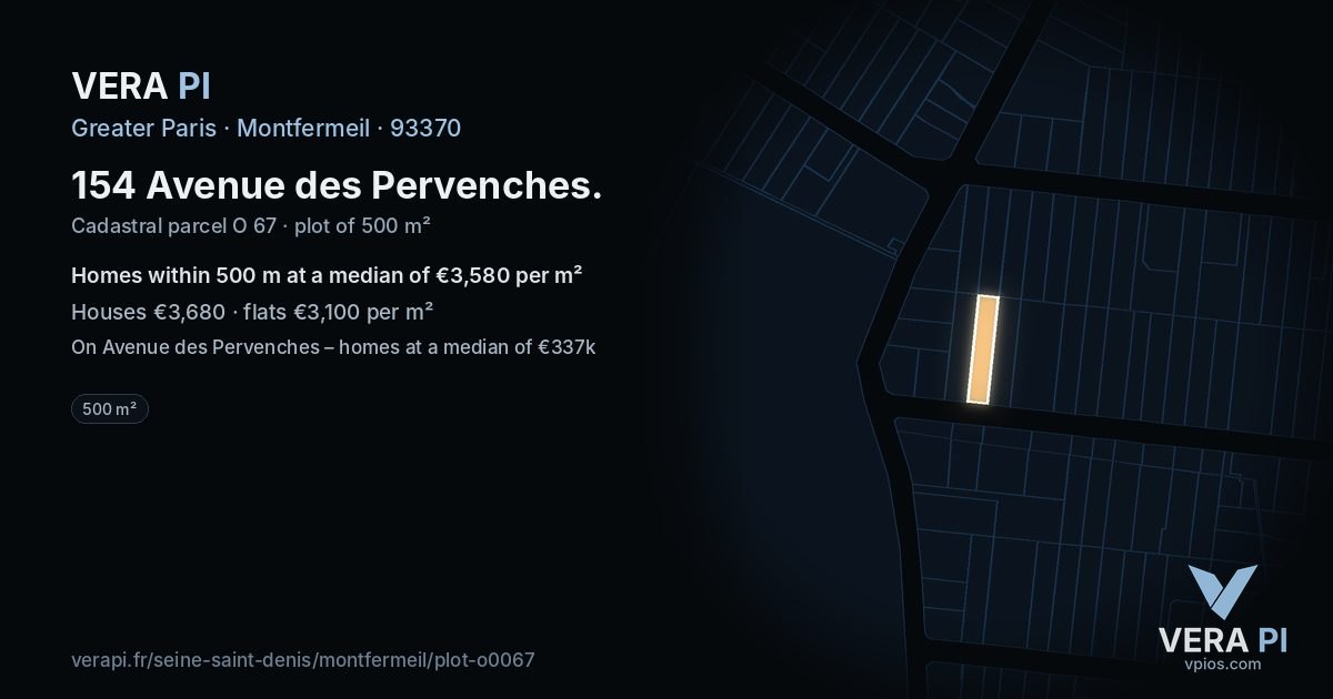 154 Avenue des Pervenches, Montfermeil at night – the plot lit, the parcels around coloured by the prices near them