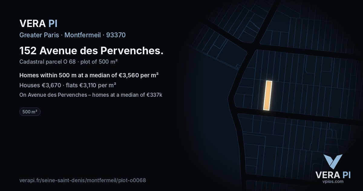 152 Avenue des Pervenches, Montfermeil at night – the plot lit, the parcels around coloured by the prices near them