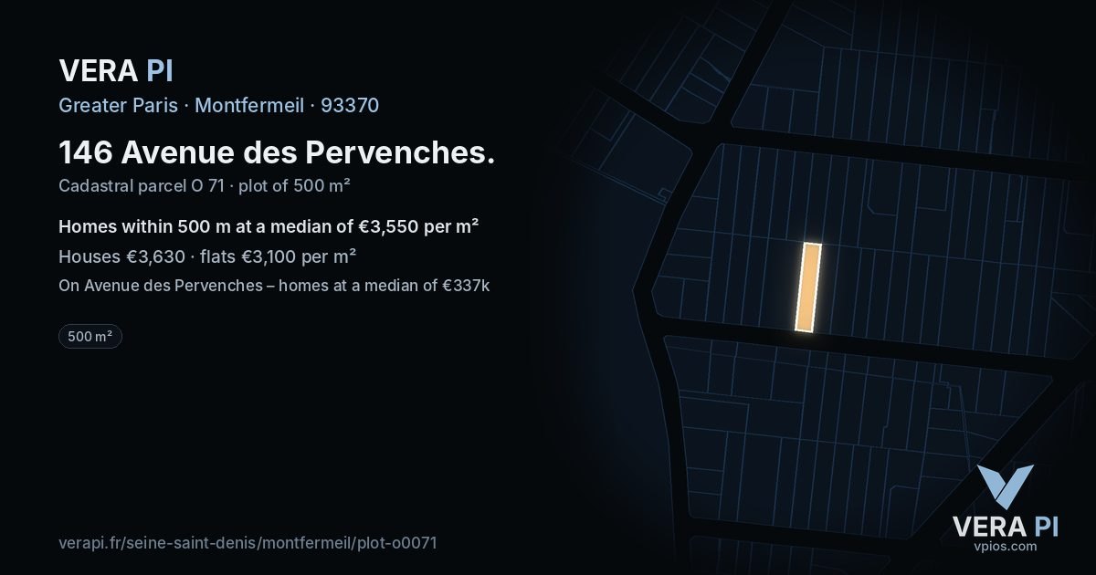 146 Avenue des Pervenches, Montfermeil at night – the plot lit, the parcels around coloured by the prices near them