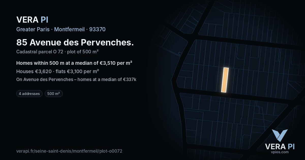 85 Avenue des Pervenches, Montfermeil at night – the plot lit, the parcels around coloured by the prices near them
