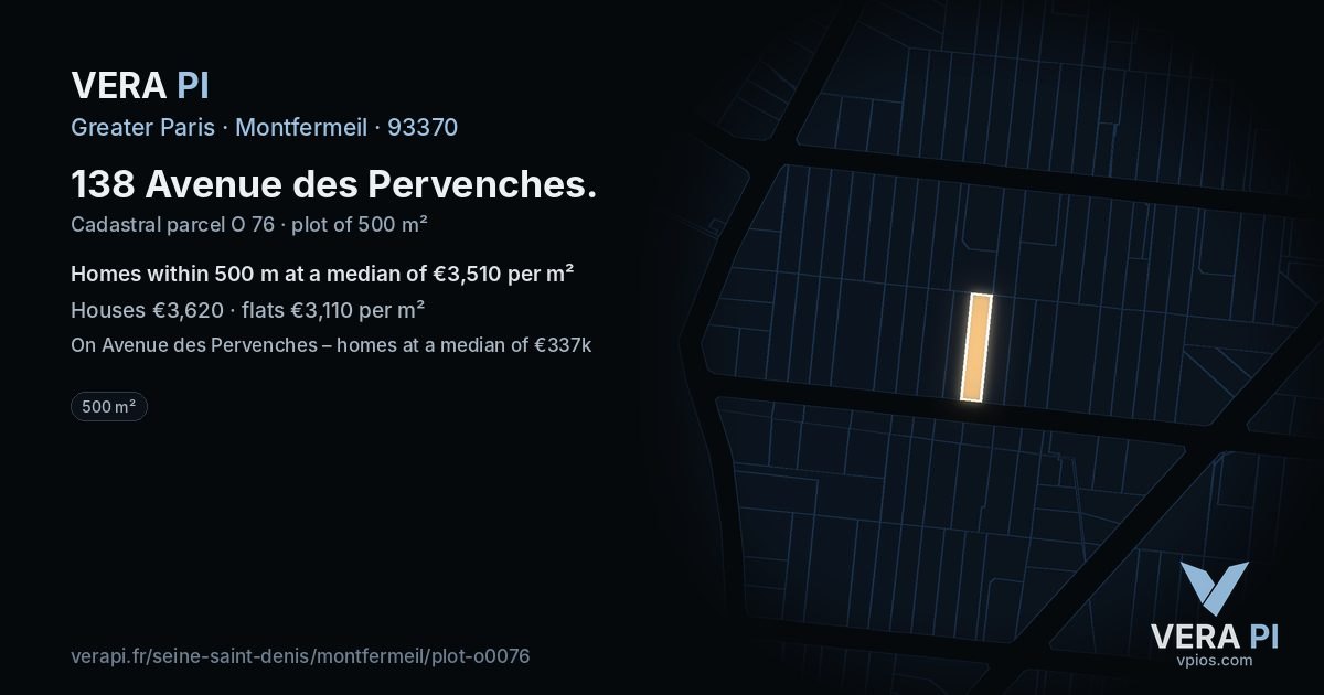 138 Avenue des Pervenches, Montfermeil at night – the plot lit, the parcels around coloured by the prices near them