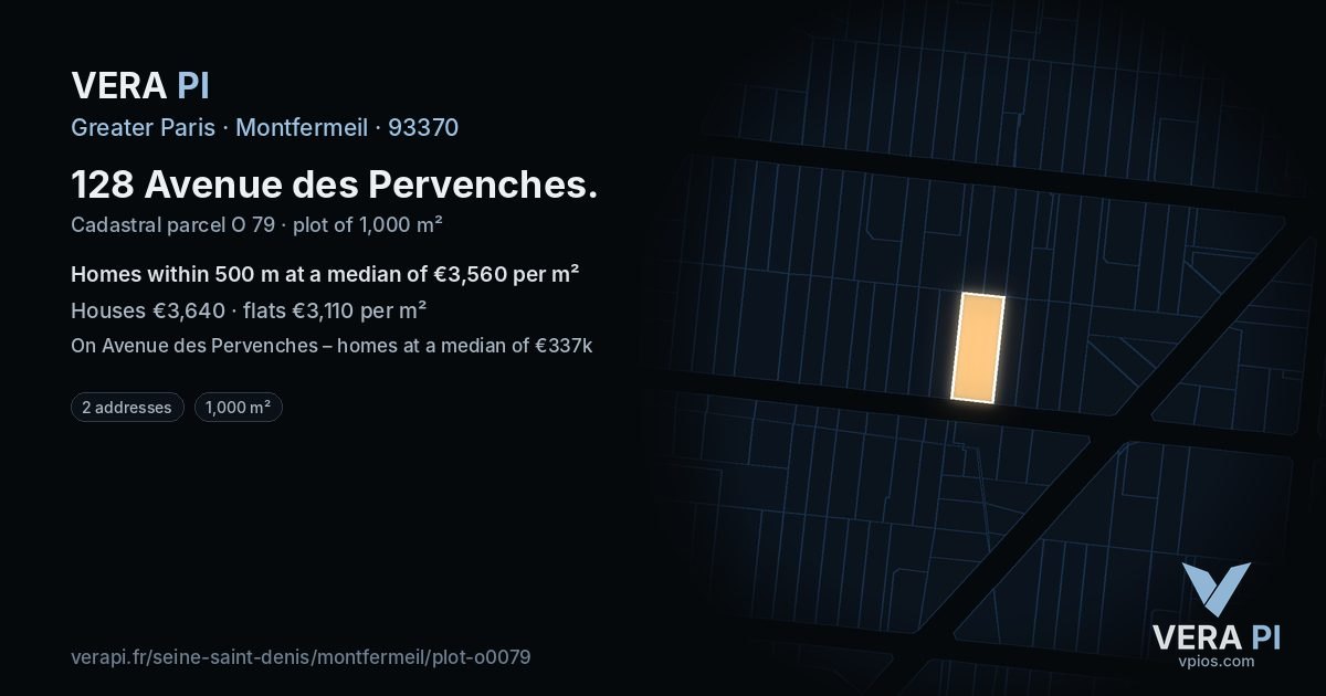 128 Avenue des Pervenches, Montfermeil at night – the plot lit, the parcels around coloured by the prices near them