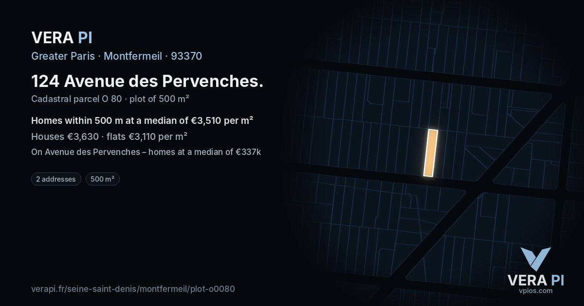 124 Avenue des Pervenches, Montfermeil at night – the plot lit, the parcels around coloured by the prices near them