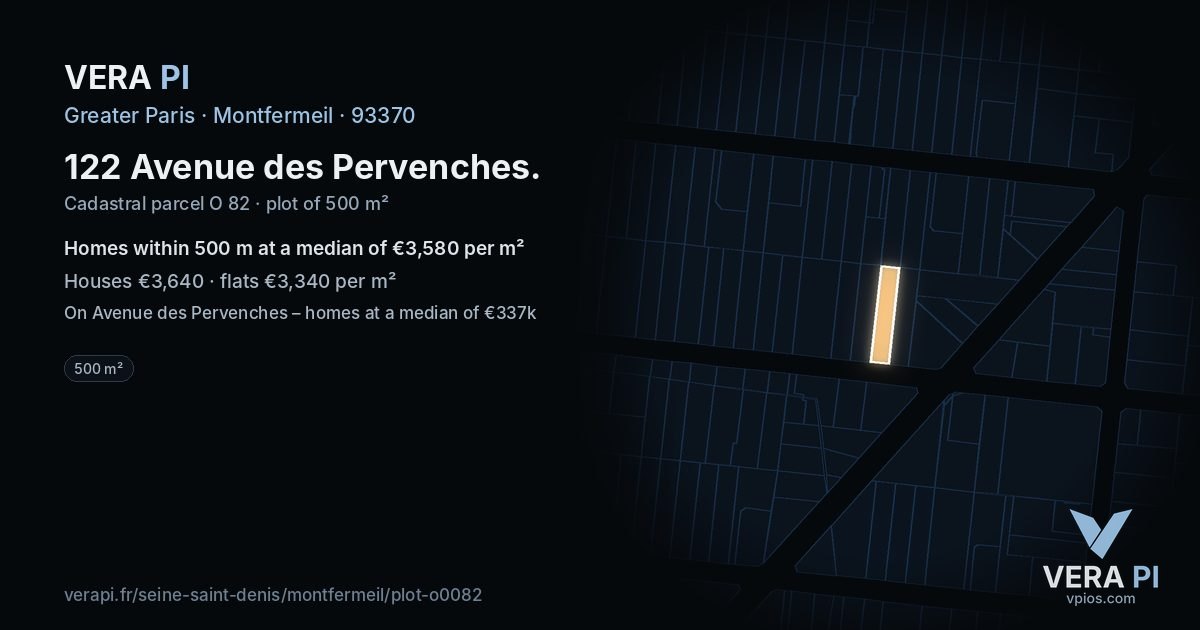122 Avenue des Pervenches, Montfermeil at night – the plot lit, the parcels around coloured by the prices near them