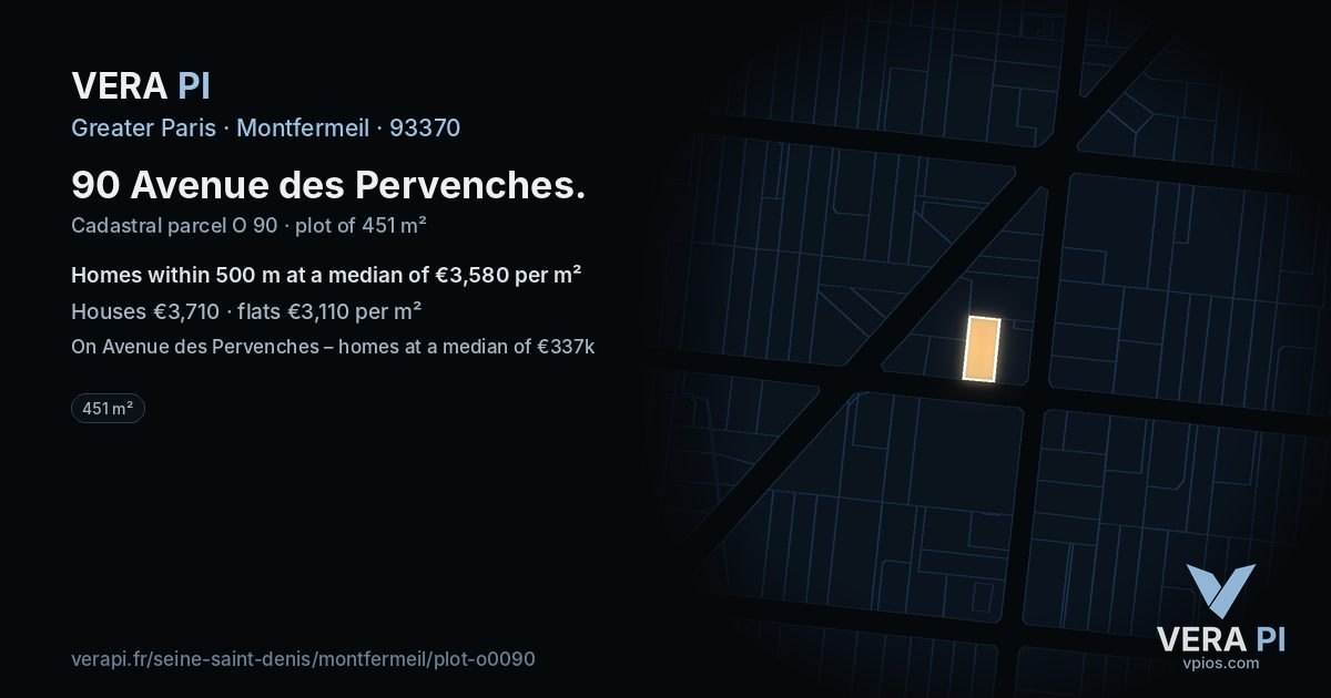 90 Avenue des Pervenches, Montfermeil at night – the plot lit, the parcels around coloured by the prices near them