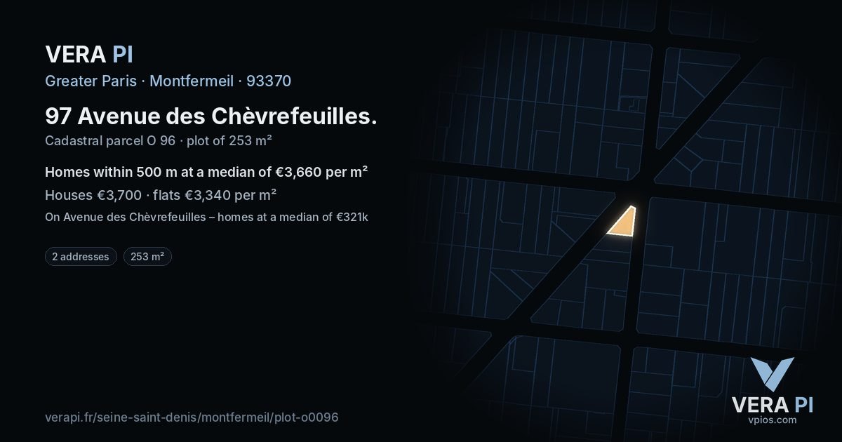 97 Avenue des Chèvrefeuilles, Montfermeil at night – the plot lit, the parcels around coloured by the prices near them