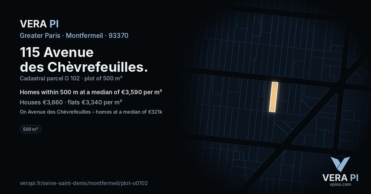 115 Avenue des Chèvrefeuilles, Montfermeil at night – the plot lit, the parcels around coloured by the prices near them