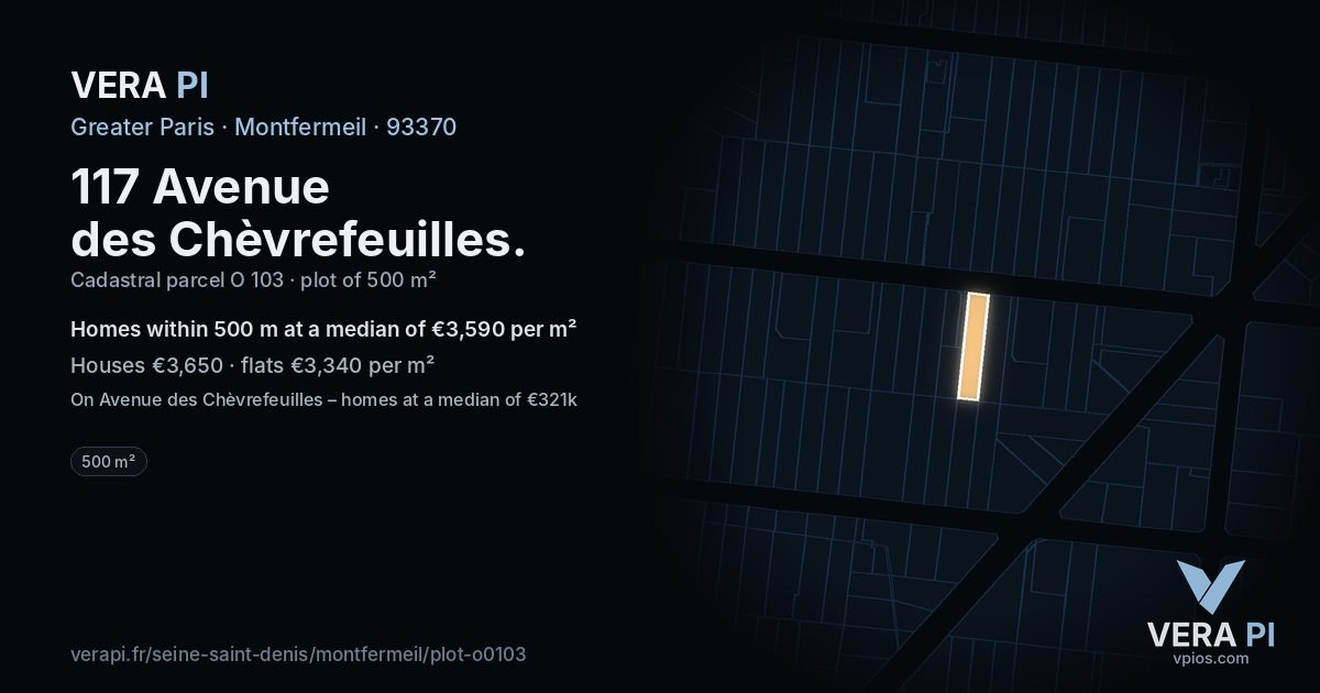 117 Avenue des Chèvrefeuilles, Montfermeil at night – the plot lit, the parcels around coloured by the prices near them