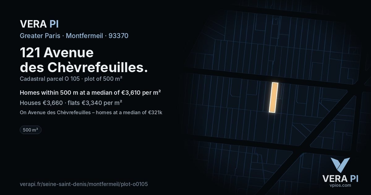 121 Avenue des Chèvrefeuilles, Montfermeil at night – the plot lit, the parcels around coloured by the prices near them