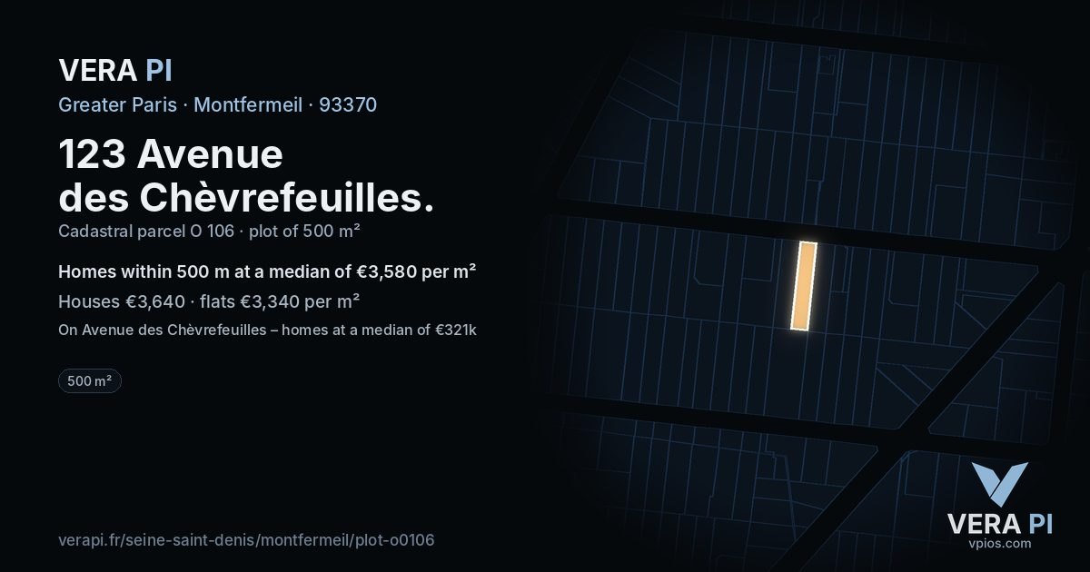 123 Avenue des Chèvrefeuilles, Montfermeil at night – the plot lit, the parcels around coloured by the prices near them