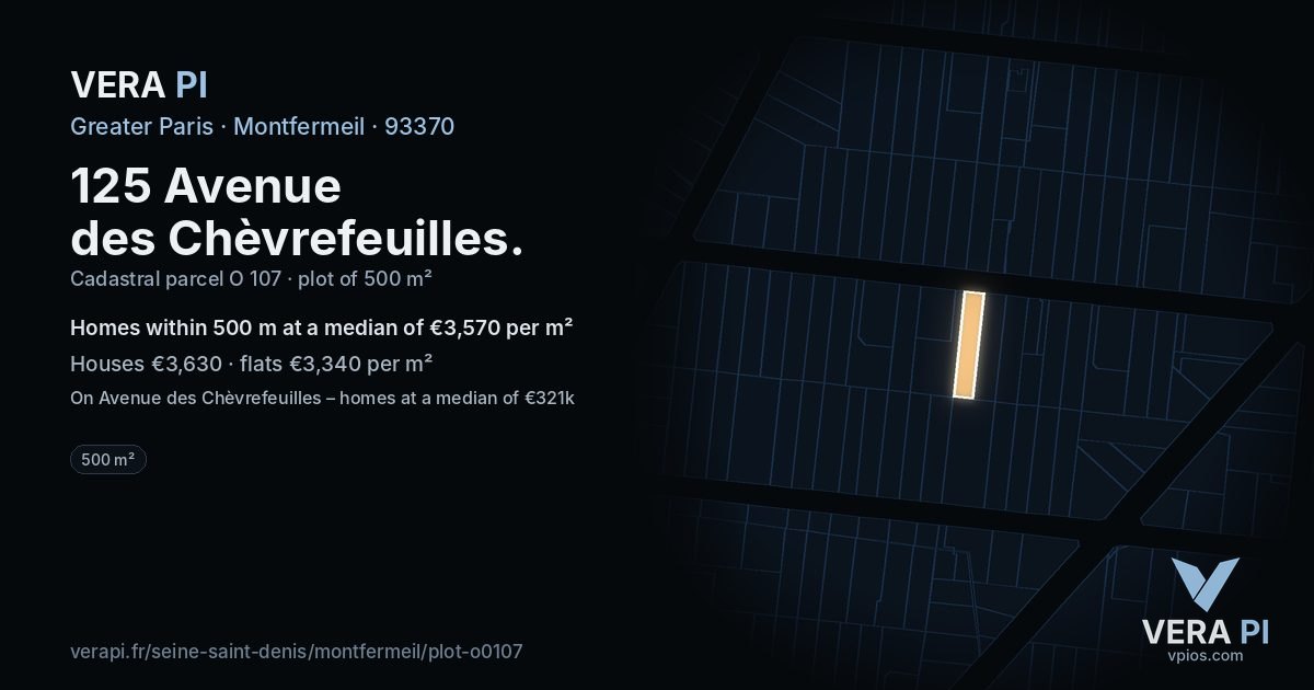 125 Avenue des Chèvrefeuilles, Montfermeil at night – the plot lit, the parcels around coloured by the prices near them