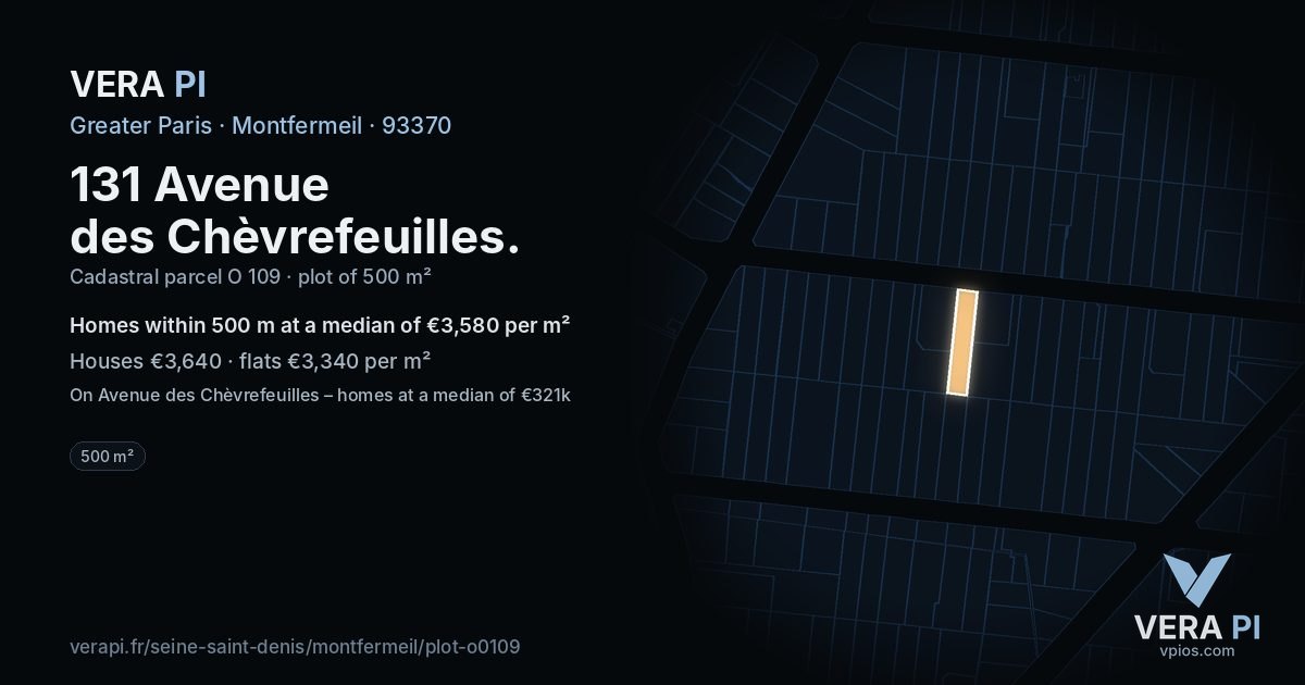 131 Avenue des Chèvrefeuilles, Montfermeil at night – the plot lit, the parcels around coloured by the prices near them