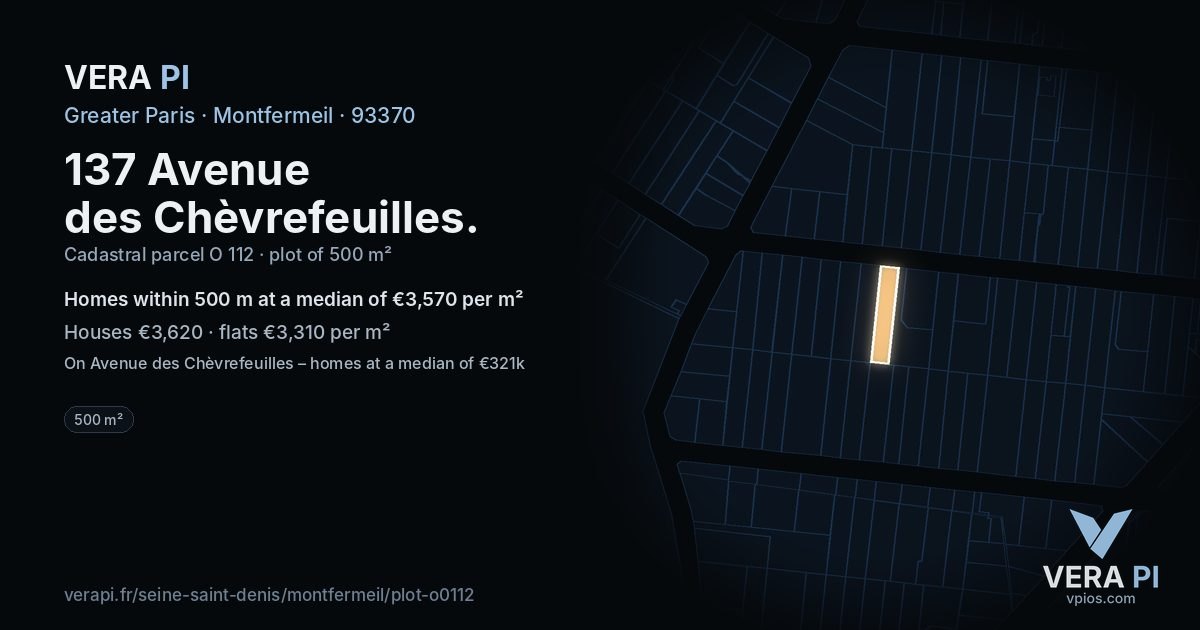 137 Avenue des Chèvrefeuilles, Montfermeil at night – the plot lit, the parcels around coloured by the prices near them
