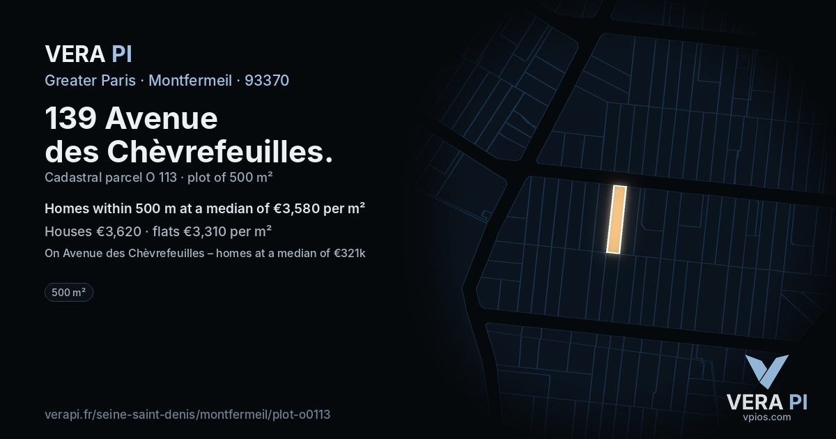 139 Avenue des Chèvrefeuilles, Montfermeil at night – the plot lit, the parcels around coloured by the prices near them