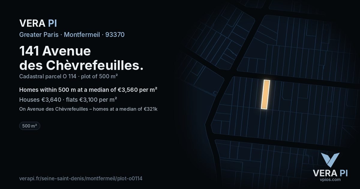 141 Avenue des Chèvrefeuilles, Montfermeil at night – the plot lit, the parcels around coloured by the prices near them