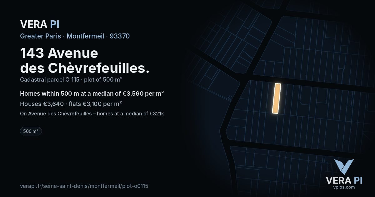 143 Avenue des Chèvrefeuilles, Montfermeil at night – the plot lit, the parcels around coloured by the prices near them