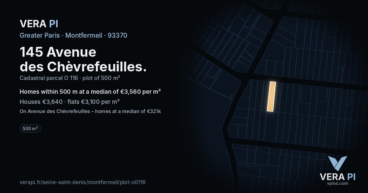 145 Avenue des Chèvrefeuilles, Montfermeil at night – the plot lit, the parcels around coloured by the prices near them