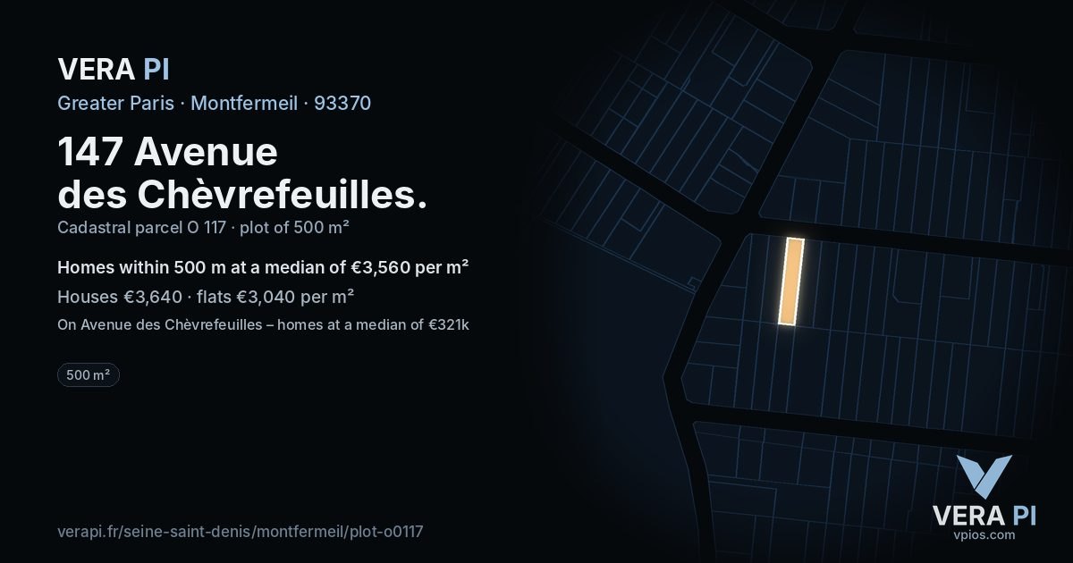 147 Avenue des Chèvrefeuilles, Montfermeil at night – the plot lit, the parcels around coloured by the prices near them