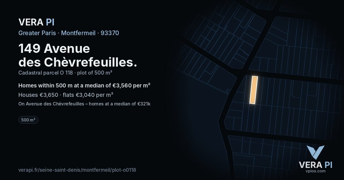 149 Avenue des Chèvrefeuilles, Montfermeil at night – the plot lit, the parcels around coloured by the prices near them