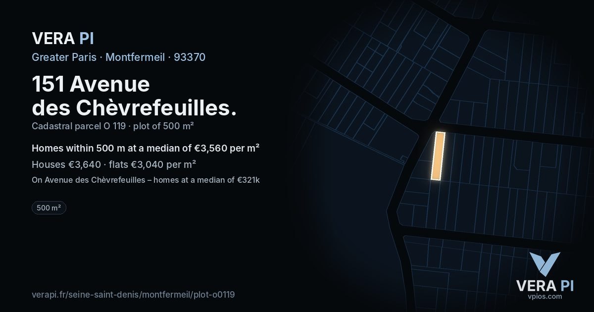151 Avenue des Chèvrefeuilles, Montfermeil at night – the plot lit, the parcels around coloured by the prices near them