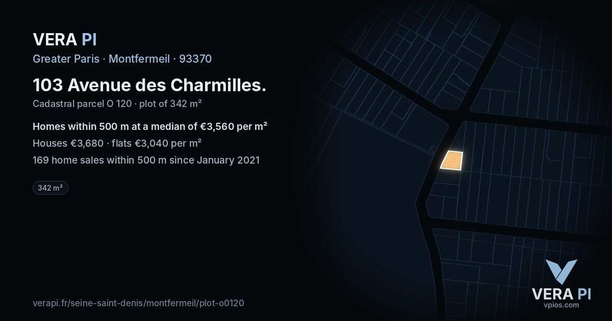103 Avenue des Charmilles, Montfermeil at night – the plot lit, the parcels around coloured by the prices near them