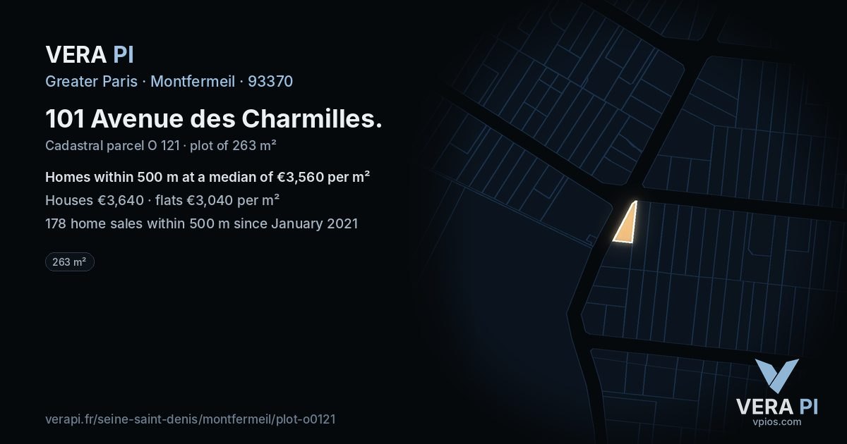 101 Avenue des Charmilles, Montfermeil at night – the plot lit, the parcels around coloured by the prices near them