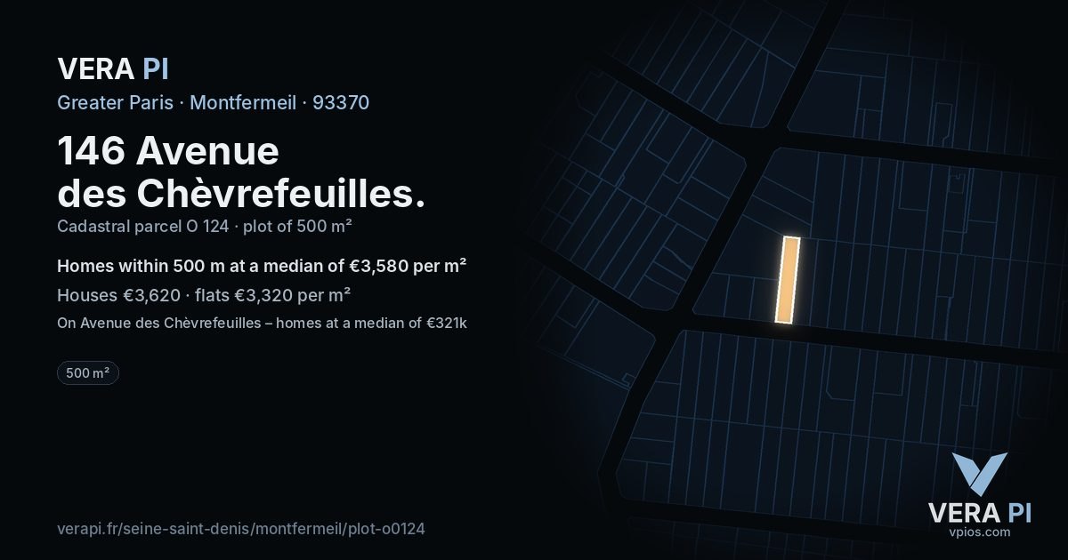 146 Avenue des Chèvrefeuilles, Montfermeil at night – the plot lit, the parcels around coloured by the prices near them