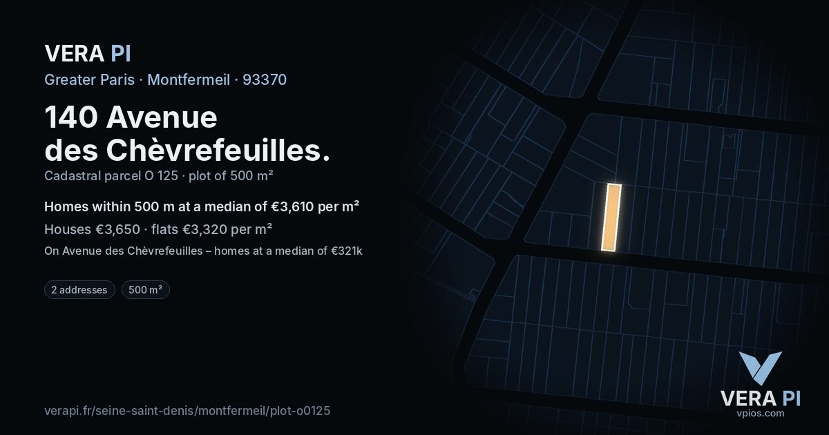 140 Avenue des Chèvrefeuilles, Montfermeil at night – the plot lit, the parcels around coloured by the prices near them