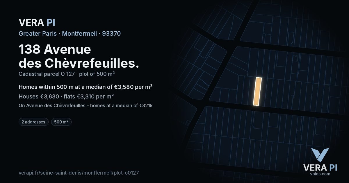 138 Avenue des Chèvrefeuilles, Montfermeil at night – the plot lit, the parcels around coloured by the prices near them