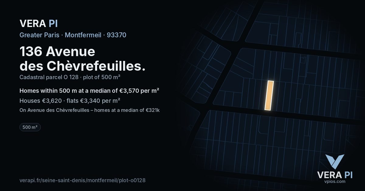 136 Avenue des Chèvrefeuilles, Montfermeil at night – the plot lit, the parcels around coloured by the prices near them