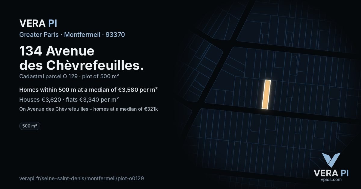 134 Avenue des Chèvrefeuilles, Montfermeil at night – the plot lit, the parcels around coloured by the prices near them