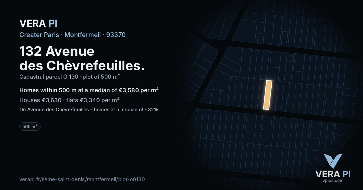 132 Avenue des Chèvrefeuilles, Montfermeil at night – the plot lit, the parcels around coloured by the prices near them